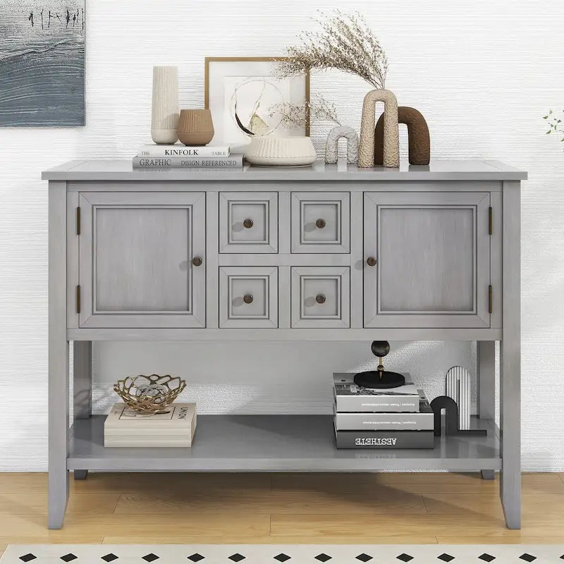 Table console vintage avec grand espace de rangement, quatre petits tiroirs et étagère inférieure pour salons, entrées et cuisines