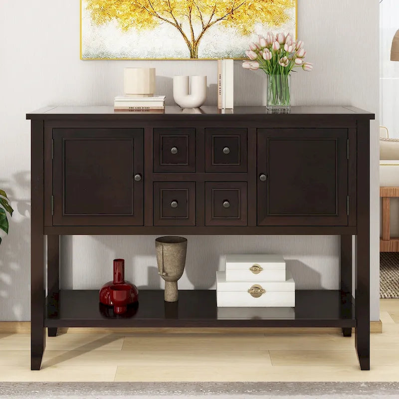 Table console vintage avec grand espace de rangement, quatre petits tiroirs et étagère inférieure pour salons, entrées et cuisines