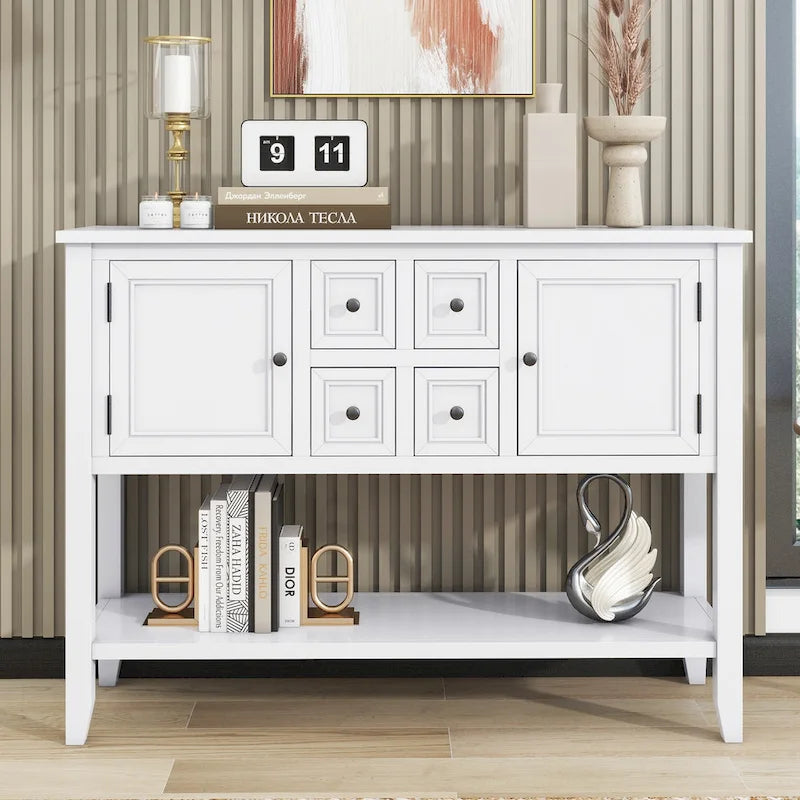 Table console vintage avec grand espace de rangement, quatre petits tiroirs et étagère inférieure pour salons, entrées et cuisines