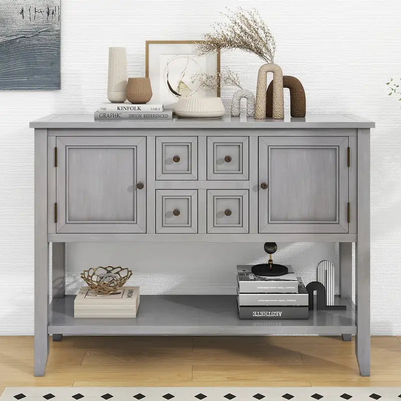 Table console vintage avec grand espace de rangement, quatre petits tiroirs et étagère inférieure pour salons, entrées et cuisines