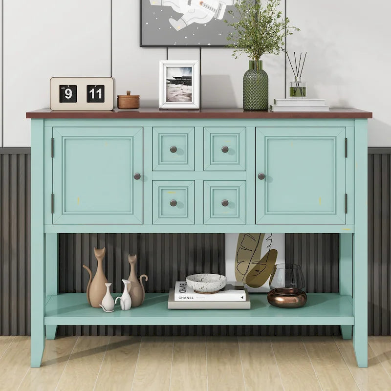 Table console vintage avec grand espace de rangement, quatre petits tiroirs et étagère inférieure pour salons, entrées et cuisines