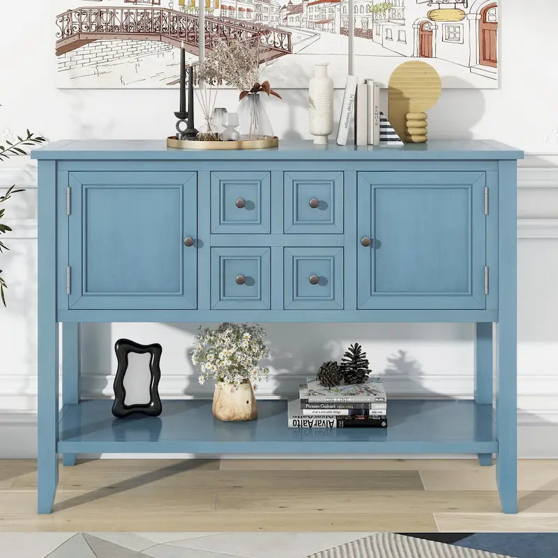 Table console vintage avec grand espace de rangement, quatre petits tiroirs et étagère inférieure pour salons, entrées et cuisines