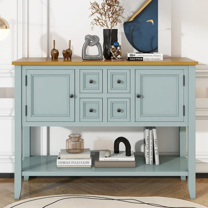 Table console vintage avec grand espace de rangement, quatre petits tiroirs et étagère inférieure pour salons, entrées et cuisines