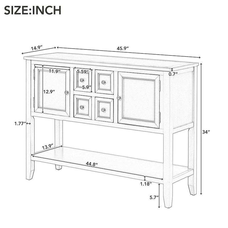 Table console vintage avec grand espace de rangement, quatre petits tiroirs et étagère inférieure pour salons, entrées et cuisines