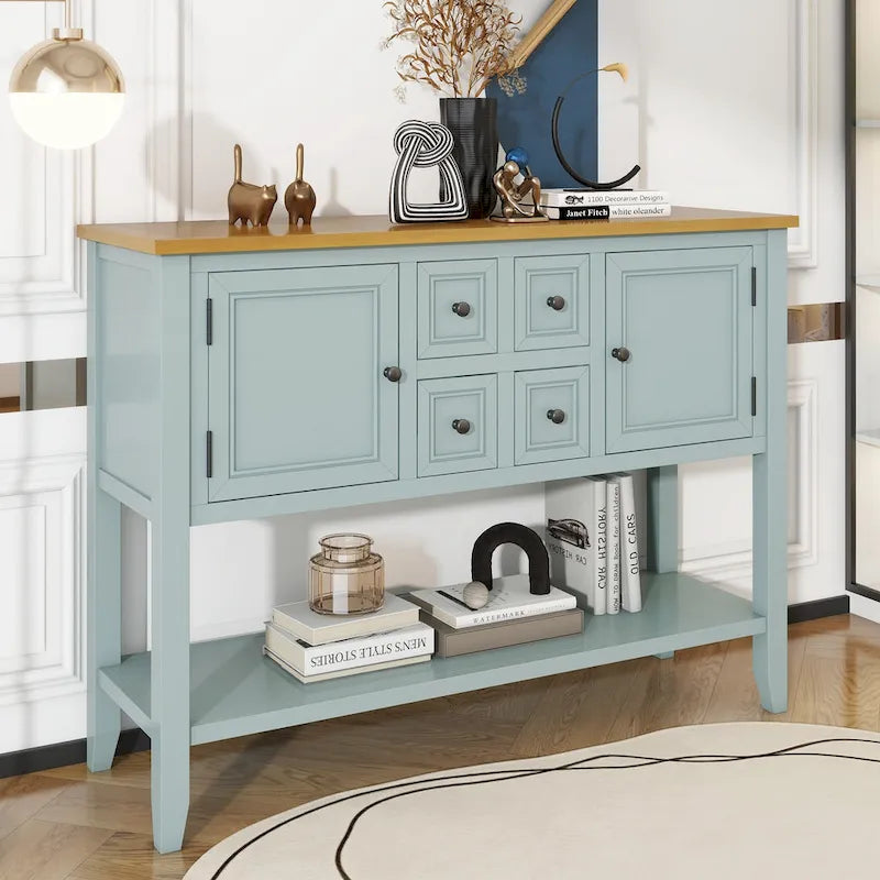 Table console vintage avec grand espace de rangement, quatre petits tiroirs et étagère inférieure pour salons, entrées et cuisines