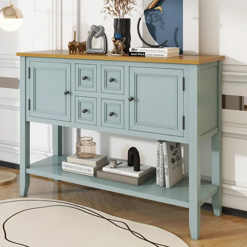 Table console vintage avec grand espace de rangement, quatre petits tiroirs et étagère inférieure pour salons, entrées et cuisines