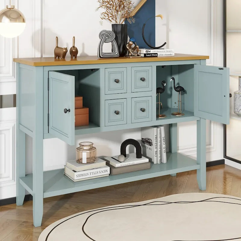 Table console vintage avec grand espace de rangement, quatre petits tiroirs et étagère inférieure pour salons, entrées et cuisines