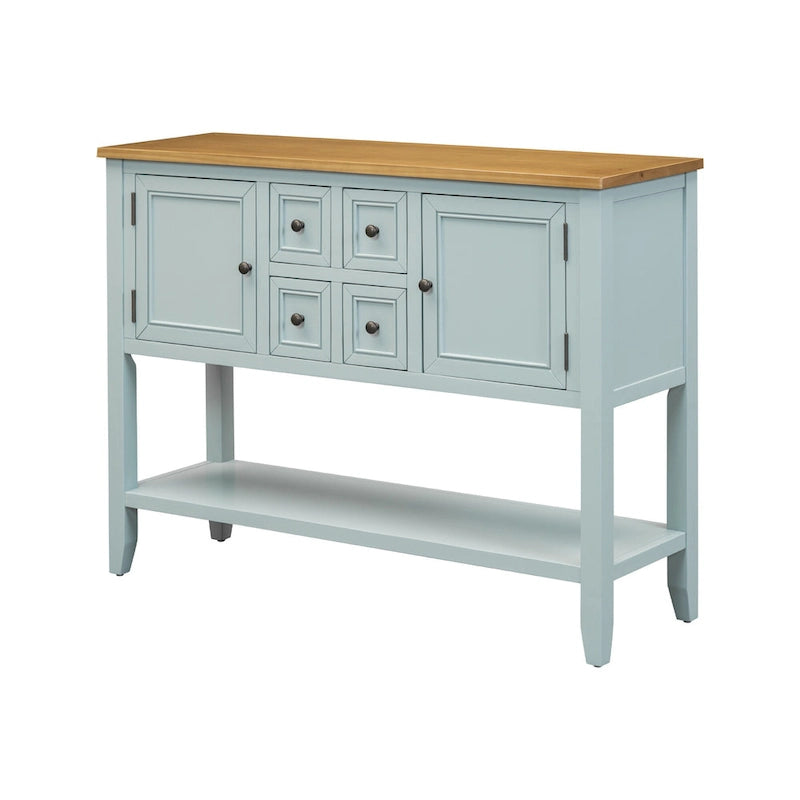 Table console vintage avec grand espace de rangement, quatre petits tiroirs et étagère inférieure pour salons, entrées et cuisines