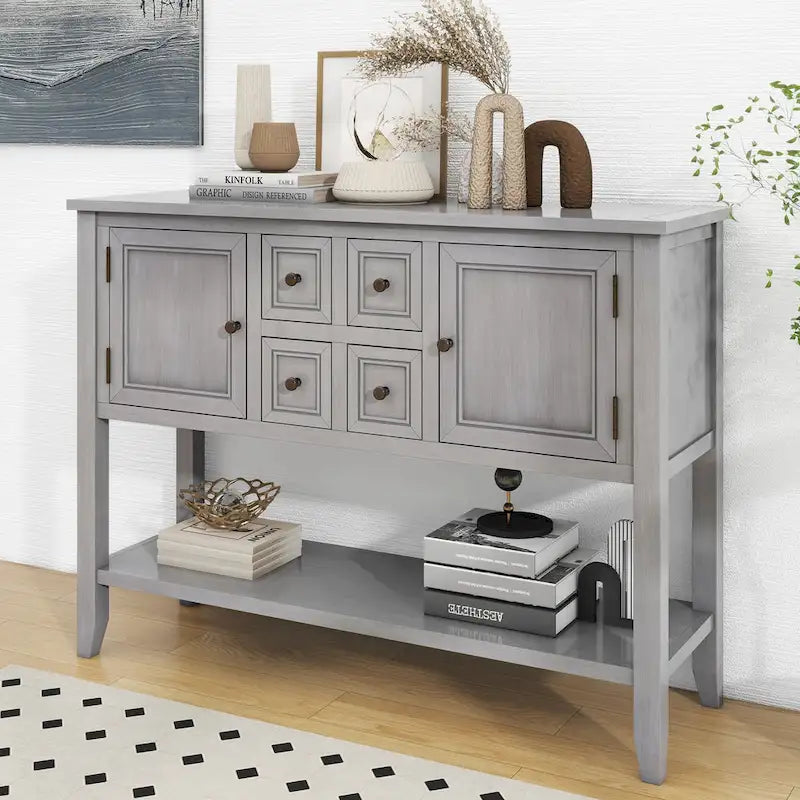 Table console vintage avec grand espace de rangement, quatre petits tiroirs et étagère inférieure pour salons, entrées et cuisines