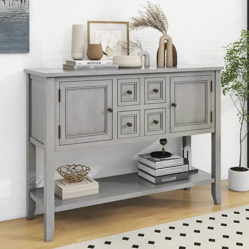 Table console vintage avec grand espace de rangement, quatre petits tiroirs et étagère inférieure pour salons, entrées et cuisines