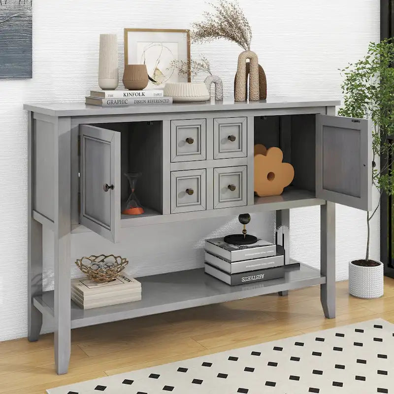 Table console vintage avec grand espace de rangement, quatre petits tiroirs et étagère inférieure pour salons, entrées et cuisines