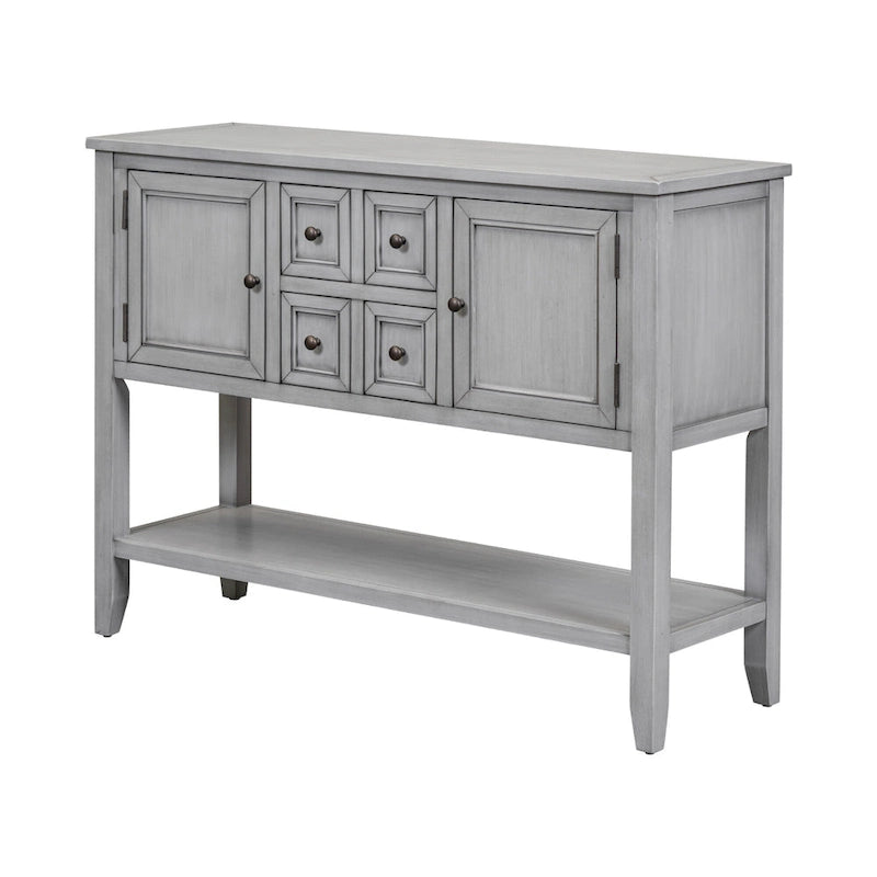 Table console vintage avec grand espace de rangement, quatre petits tiroirs et étagère inférieure pour salons, entrées et cuisines