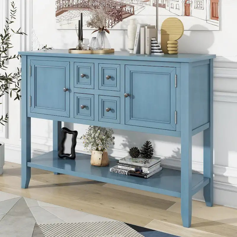Table console vintage avec grand espace de rangement, quatre petits tiroirs et étagère inférieure pour salons, entrées et cuisines