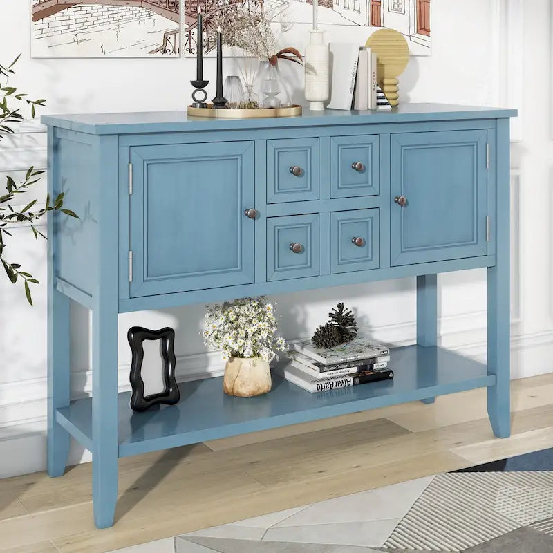 Table console vintage avec grand espace de rangement, quatre petits tiroirs et étagère inférieure pour salons, entrées et cuisines
