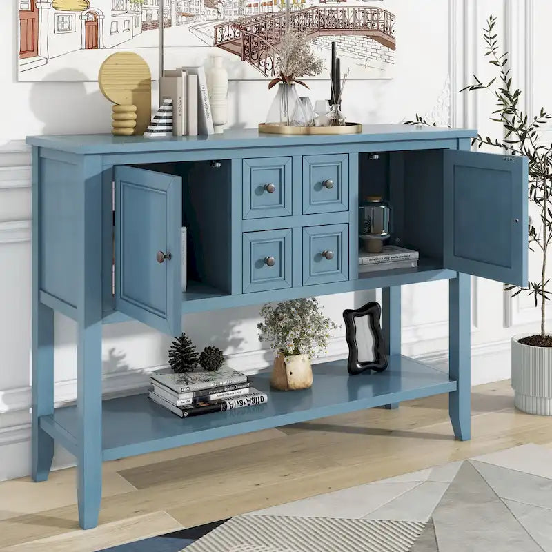 Table console vintage avec grand espace de rangement, quatre petits tiroirs et étagère inférieure pour salons, entrées et cuisines