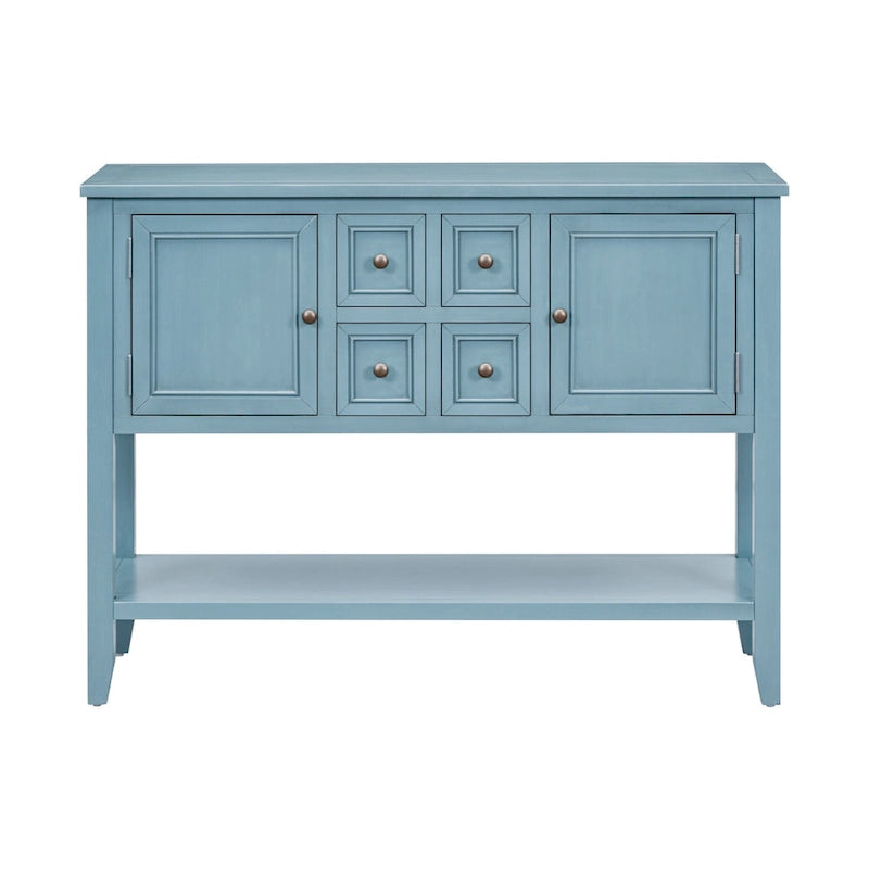 Table console vintage avec grand espace de rangement, quatre petits tiroirs et étagère inférieure pour salons, entrées et cuisines