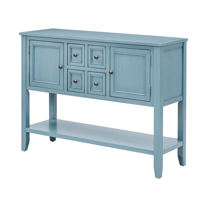 Table console vintage avec grand espace de rangement, quatre petits tiroirs et étagère inférieure pour salons, entrées et cuisines