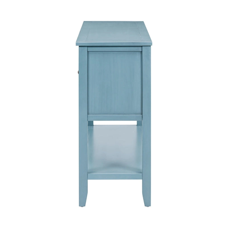 Table console vintage avec grand espace de rangement, quatre petits tiroirs et étagère inférieure pour salons, entrées et cuisines