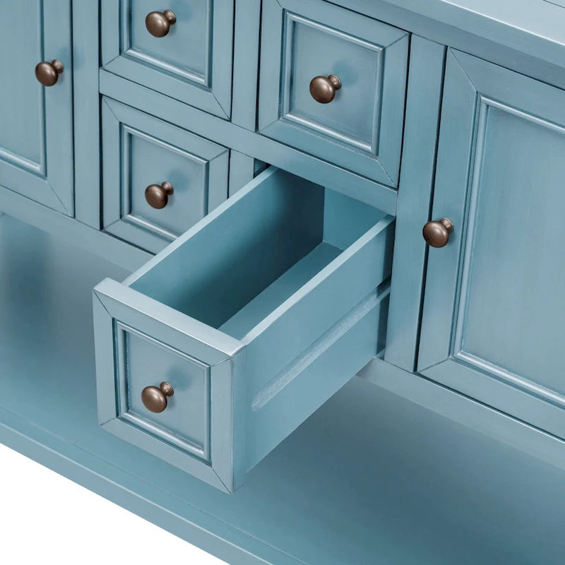 Table console vintage avec grand espace de rangement, quatre petits tiroirs et étagère inférieure pour salons, entrées et cuisines