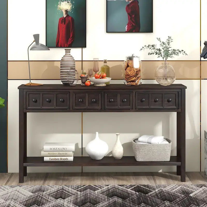 Console d'entrée rustique, table de canapé de 60 pouces de long avec deux tiroirs de tailles différentes et une étagère inférieure pour le rangement