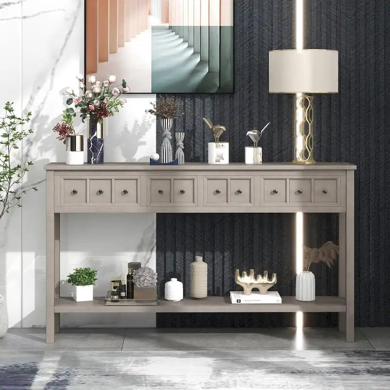 Console d'entrée rustique, table de canapé de 60 pouces de long avec deux tiroirs de tailles différentes et une étagère inférieure pour le rangement