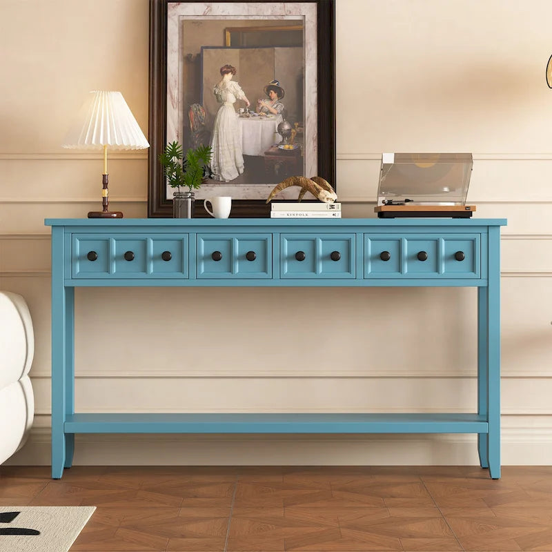 Console d'entrée rustique, table de canapé de 60 pouces de long avec deux tiroirs de tailles différentes et une étagère inférieure pour le rangement
