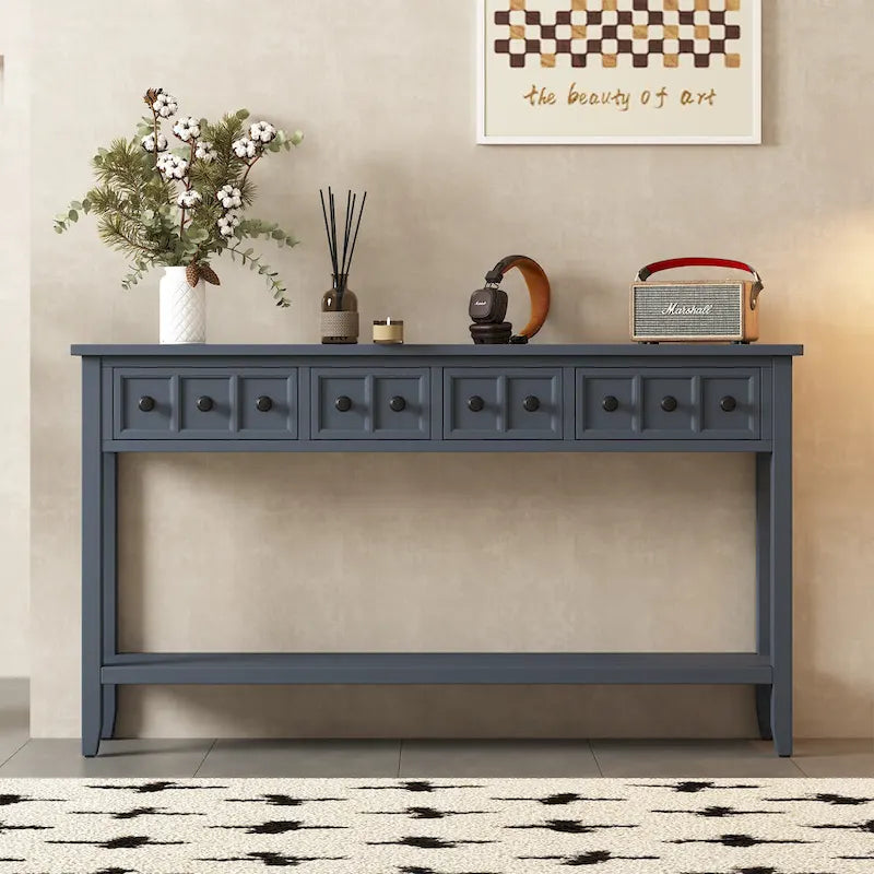 Console d'entrée rustique, table de canapé de 60 pouces de long avec deux tiroirs de tailles différentes et une étagère inférieure pour le rangement