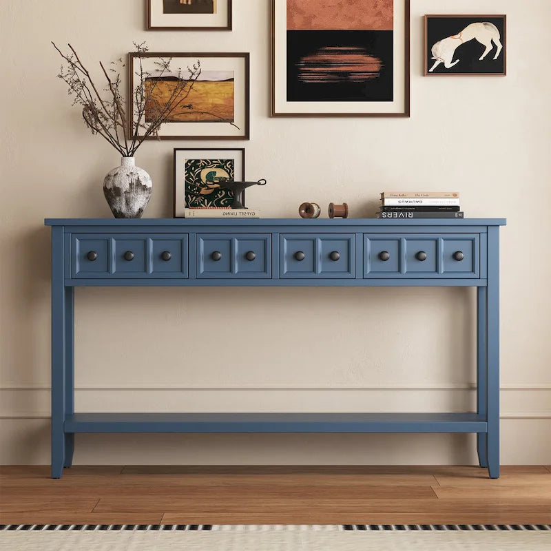 Console d'entrée rustique, table de canapé de 60 pouces de long avec deux tiroirs de tailles différentes et une étagère inférieure pour le rangement