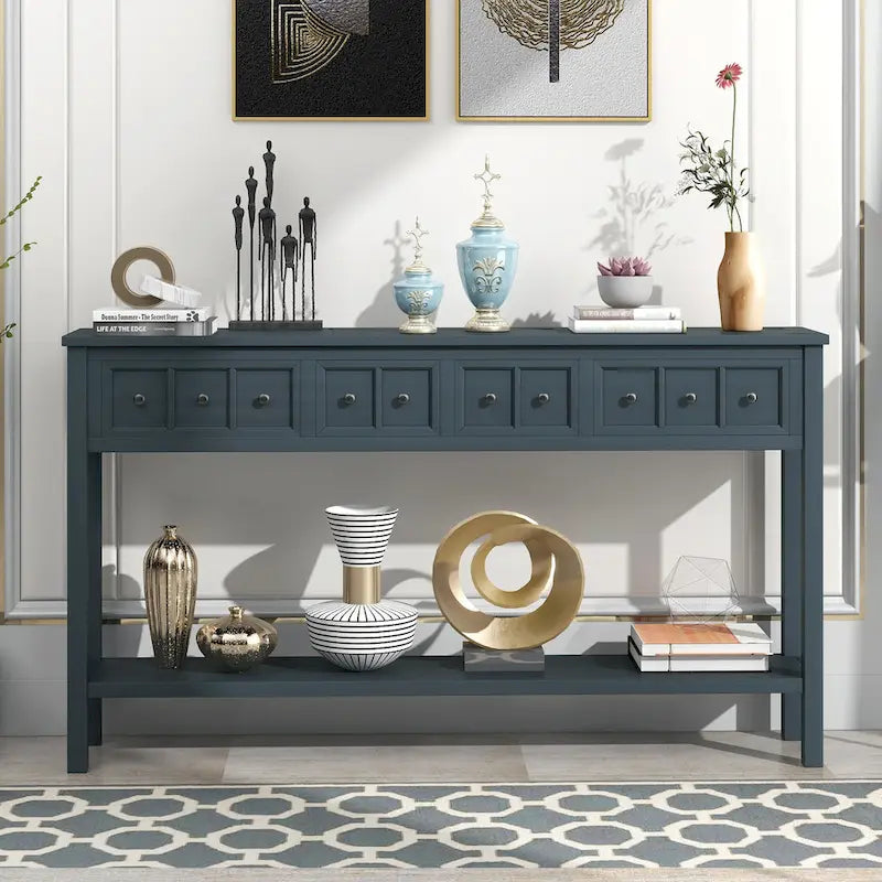 Console d'entrée rustique, table de canapé de 60 pouces de long avec deux tiroirs de tailles différentes et une étagère inférieure pour le rangement