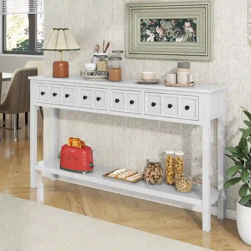 Console d'entrée rustique, table de canapé de 60 pouces de long avec deux tiroirs de tailles différentes et une étagère inférieure pour le rangement