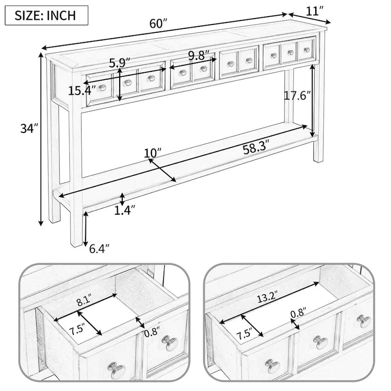 Console d'entrée rustique, table de canapé de 60 pouces de long avec deux tiroirs de tailles différentes et une étagère inférieure pour le rangement
