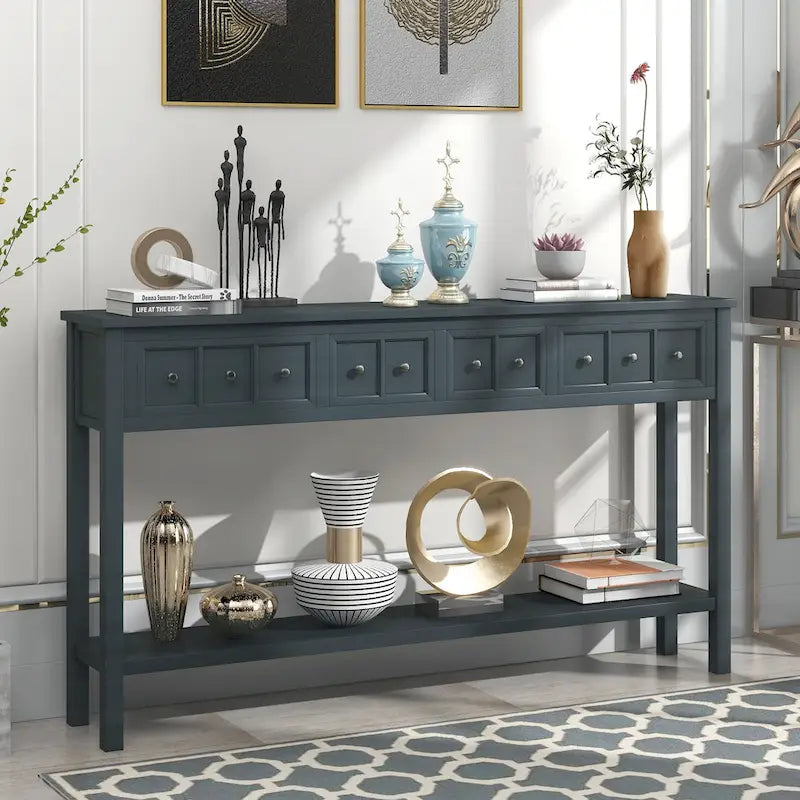 Console d'entrée rustique, table de canapé de 60 pouces de long avec deux tiroirs de tailles différentes et une étagère inférieure pour le rangement
