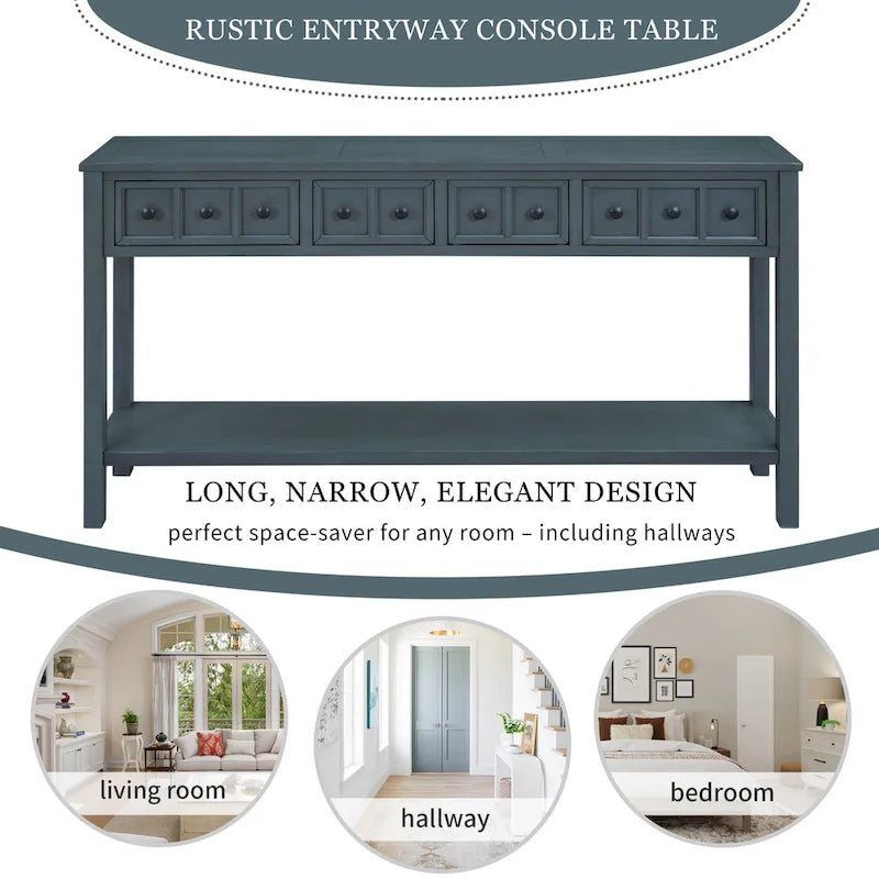 Console d'entrée rustique, table de canapé de 60 pouces de long avec deux tiroirs de tailles différentes et une étagère inférieure pour le rangement