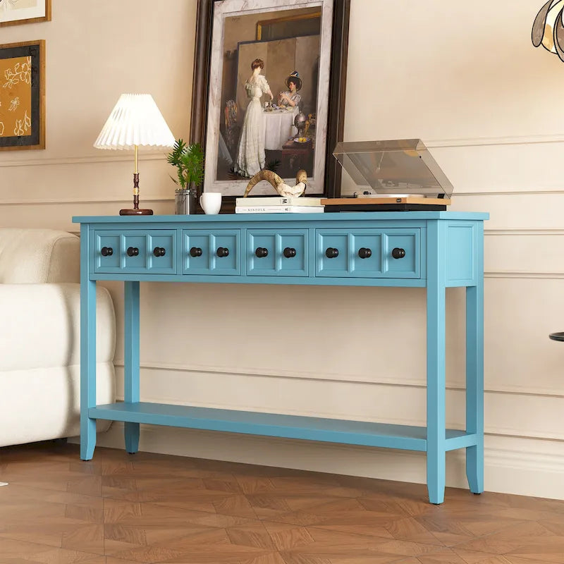 Console d'entrée rustique, table de canapé de 60 pouces de long avec deux tiroirs de tailles différentes et une étagère inférieure pour le rangement