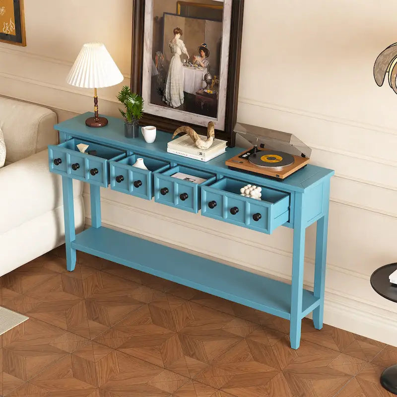 Console d'entrée rustique, table de canapé de 60 pouces de long avec deux tiroirs de tailles différentes et une étagère inférieure pour le rangement