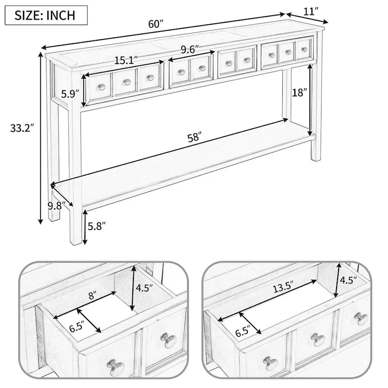 Console d'entrée rustique, table de canapé de 60 pouces de long avec deux tiroirs de tailles différentes et une étagère inférieure pour le rangement
