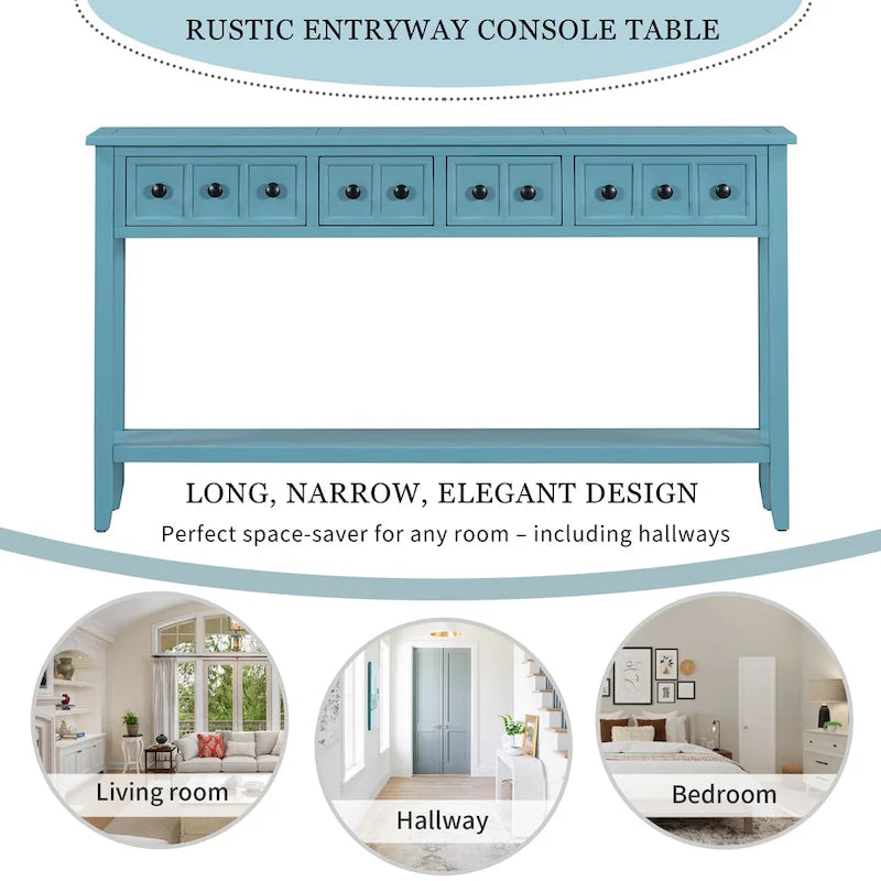 Console d'entrée rustique, table de canapé de 60 pouces de long avec deux tiroirs de tailles différentes et une étagère inférieure pour le rangement