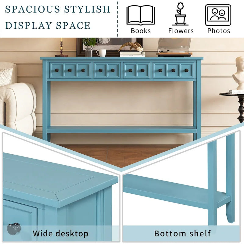 Console d'entrée rustique, table de canapé de 60 pouces de long avec deux tiroirs de tailles différentes et une étagère inférieure pour le rangement