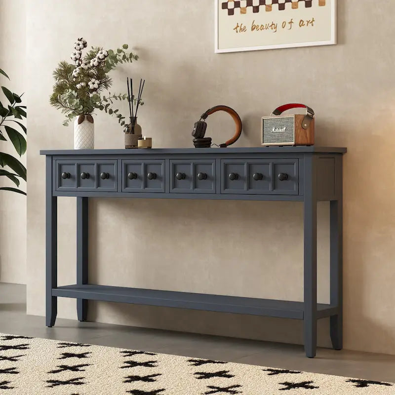 Console d'entrée rustique, table de canapé de 60 pouces de long avec deux tiroirs de tailles différentes et une étagère inférieure pour le rangement