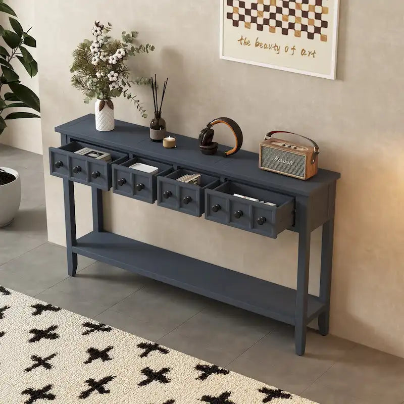 Console d'entrée rustique, table de canapé de 60 pouces de long avec deux tiroirs de tailles différentes et une étagère inférieure pour le rangement