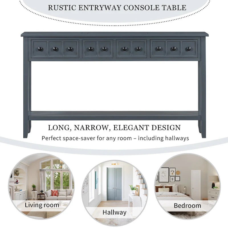 Console d'entrée rustique, table de canapé de 60 pouces de long avec deux tiroirs de tailles différentes et une étagère inférieure pour le rangement