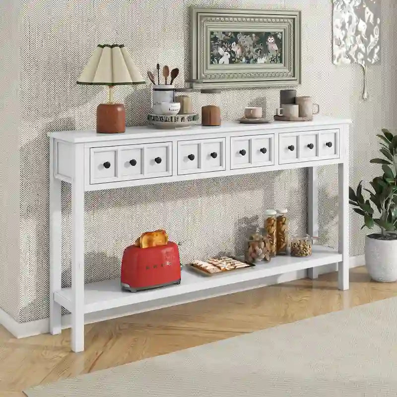 Console d'entrée rustique, table de canapé de 60 pouces de long avec deux tiroirs de tailles différentes et une étagère inférieure pour le rangement