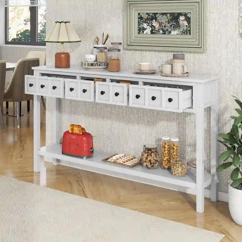 Console d'entrée rustique, table de canapé de 60 pouces de long avec deux tiroirs de tailles différentes et une étagère inférieure pour le rangement