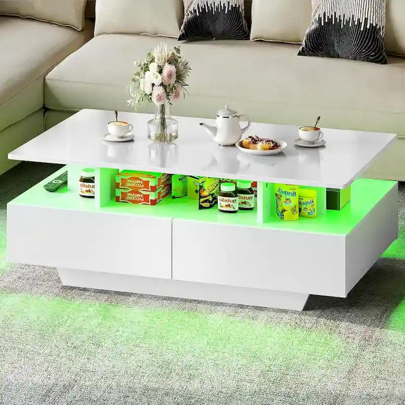 Table basse Moasis moderne et brillante avec tiroirs et lumières LED pour le salon