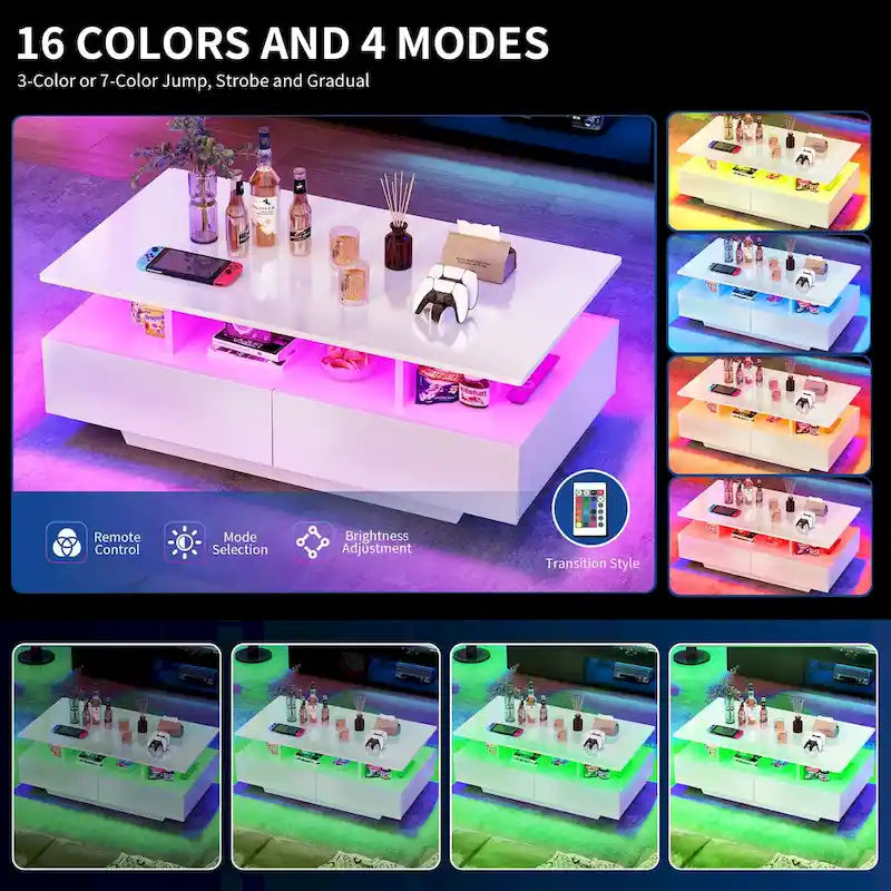Table basse Moasis moderne et brillante avec tiroirs et lumières LED pour le salon