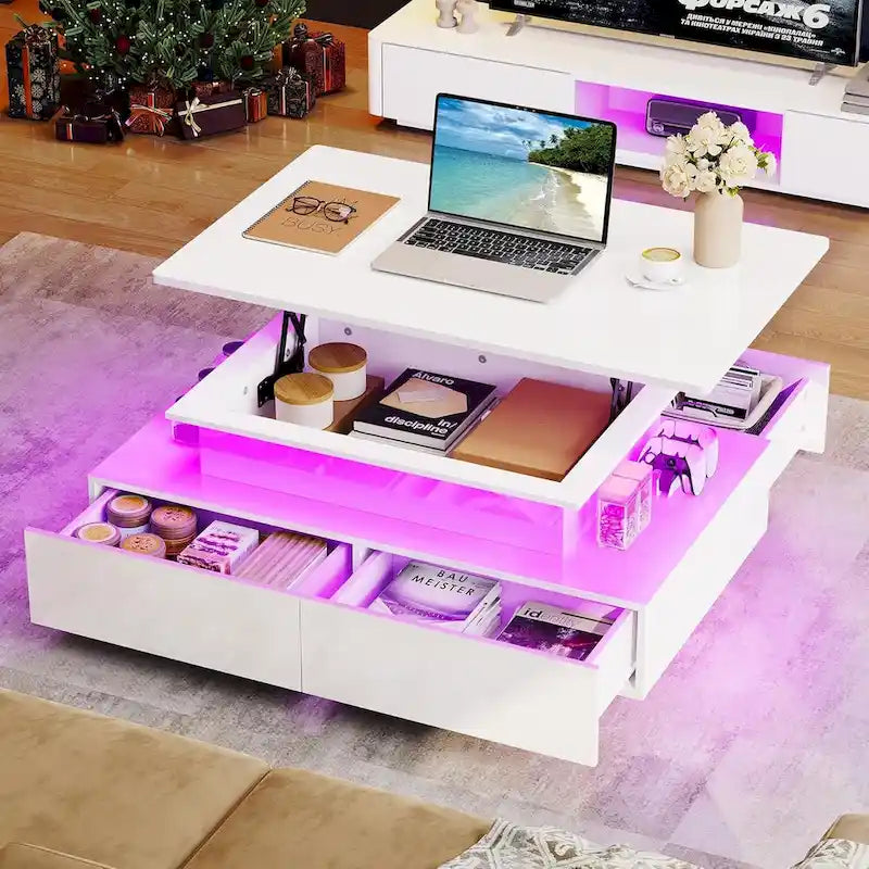 Table basse Moasis moderne et brillante avec tiroirs et lumières LED pour le salon