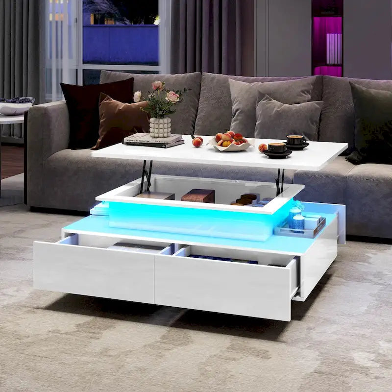 Table basse Moasis moderne et brillante avec tiroirs et lumières LED pour le salon