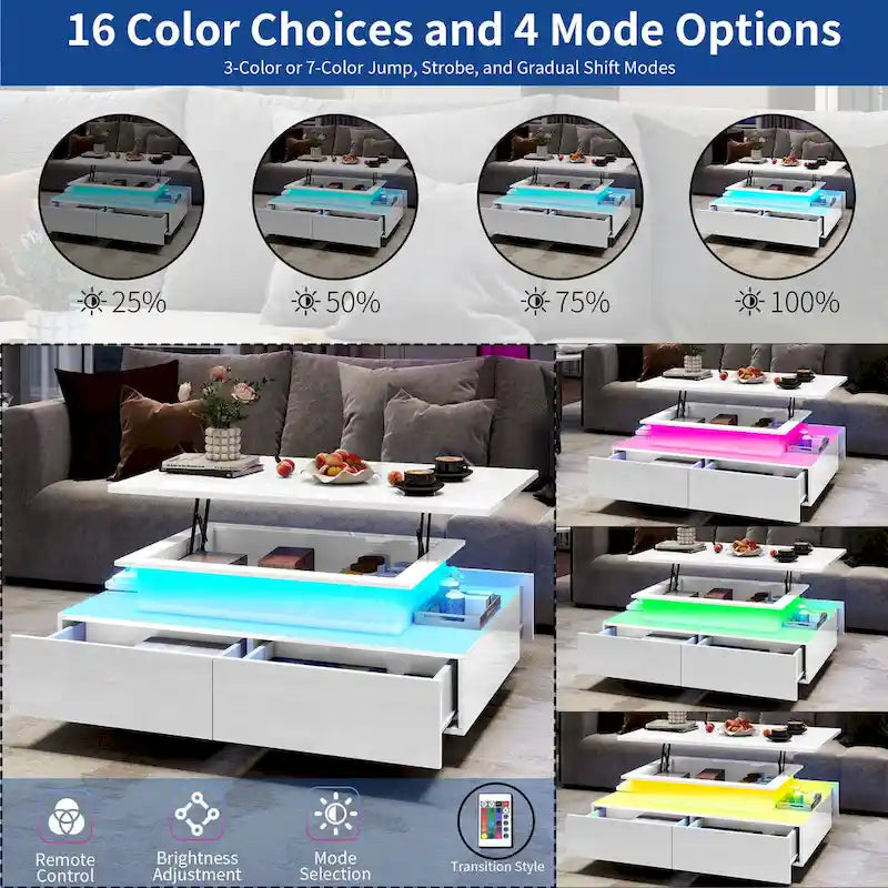 Table basse Moasis moderne et brillante avec tiroirs et lumières LED pour le salon