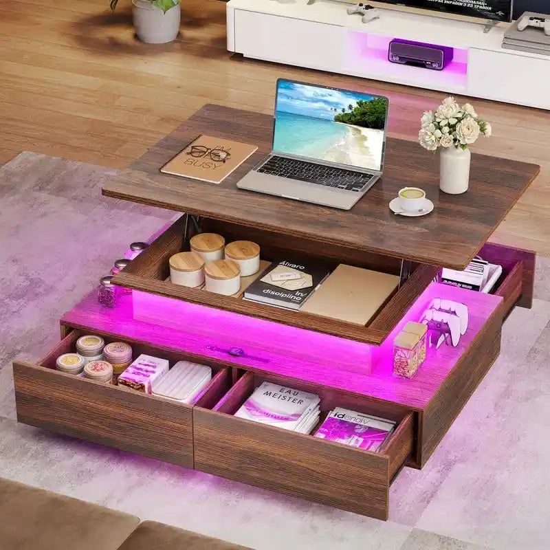 Table basse Moasis moderne et brillante avec tiroirs et lumières LED pour le salon