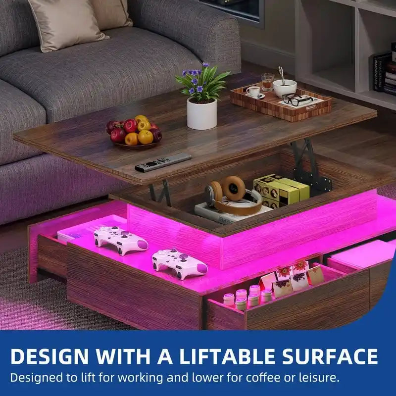 Table basse Moasis moderne et brillante avec tiroirs et lumières LED pour le salon
